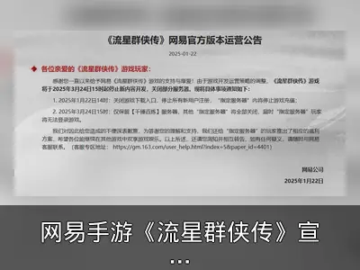 网易手游《流星群侠传》宣布停运，关闭部分服务器