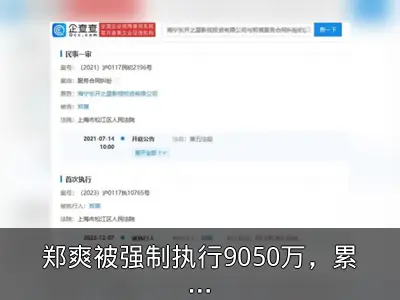 郑爽被强制执行9050万，累计超2亿