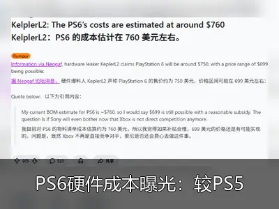 PS6硬件成本曝光：较PS5上涨超50%，定价或达千美元